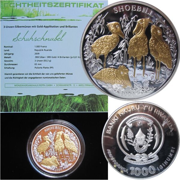 Ruanda 1000 Francs 2009 - 3 OZ Silber Schuhschnabel / Shoebill proof