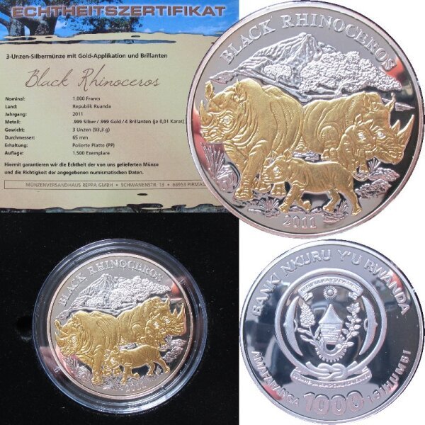 Ruanda 1000 Francs 2011 - 3 OZ Silber Nashorn / Rhinoceros proof