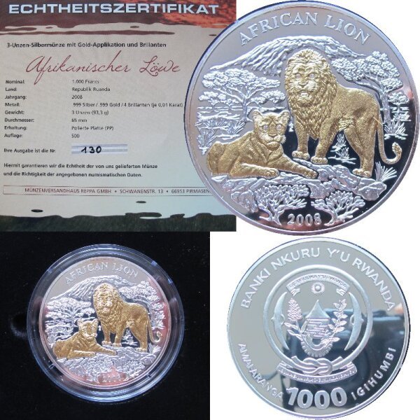 Ruanda 1000 Francs 2008 - 3 OZ Silber Löwe / African Lion proof