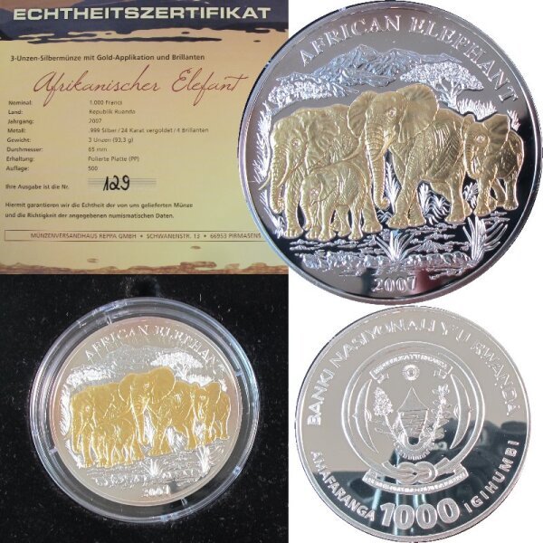 Ruanda 1000 Francs 2007 - 3 OZ Silber Elefant / African Elephant proof