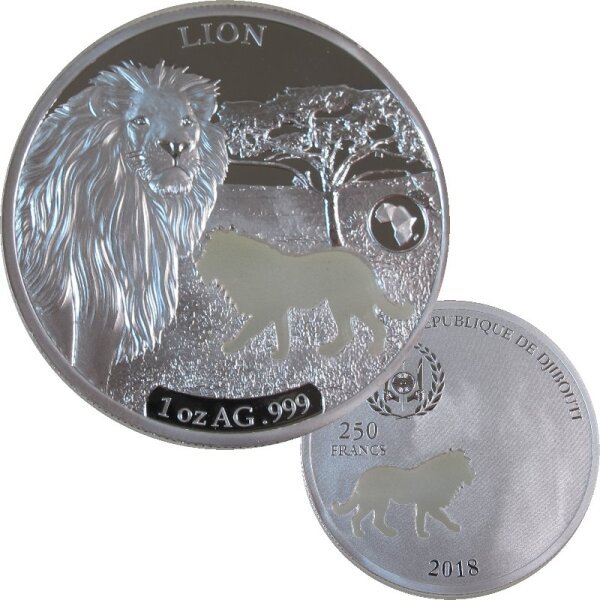 Djibouti 250 Francs 2018 Löwe / Lion Shapes of Africa - 1 OZ Silber