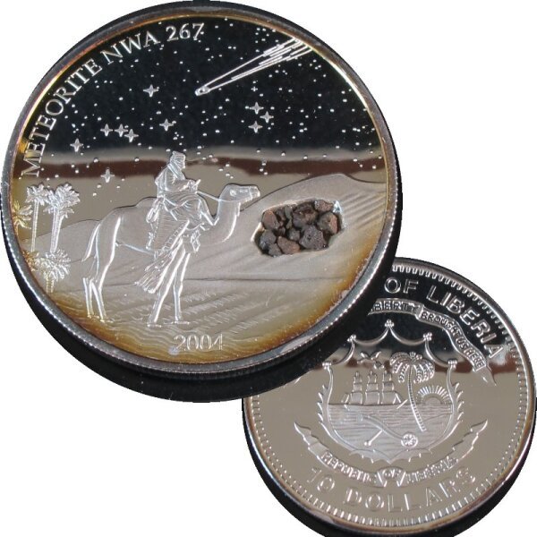 Liberia 10 Dollars 2004 Meteorite NWA 267 pp - 2 OZ Silber
