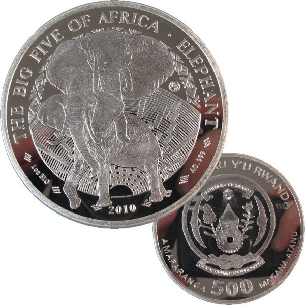 Ruanda 500 Francs 2010 - 1 OZ Silber - The Big Five - Elefant / Elephant PP
