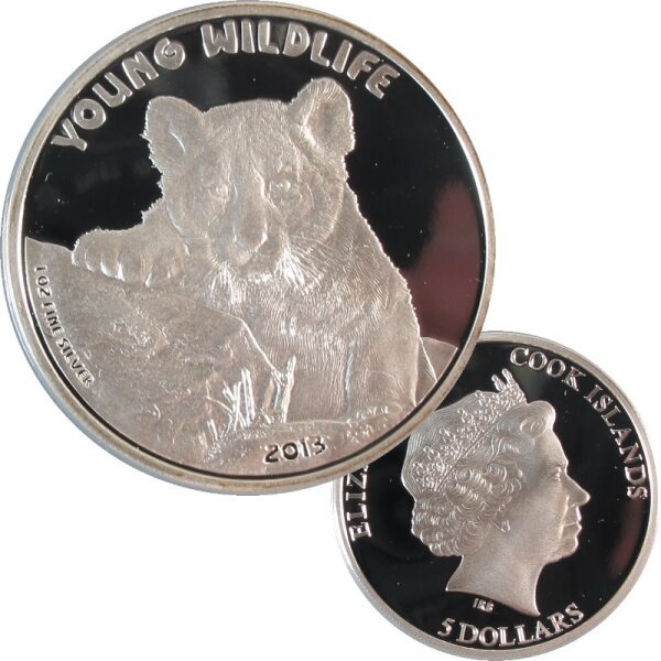 Cook Islands 5 Dollars 2013 Young Wildlife - Tiger 1 OZ Silber pp